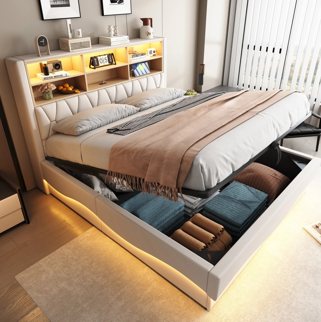 Letto imbottito 180x200 cm beige con LED, USB e vano contenitore