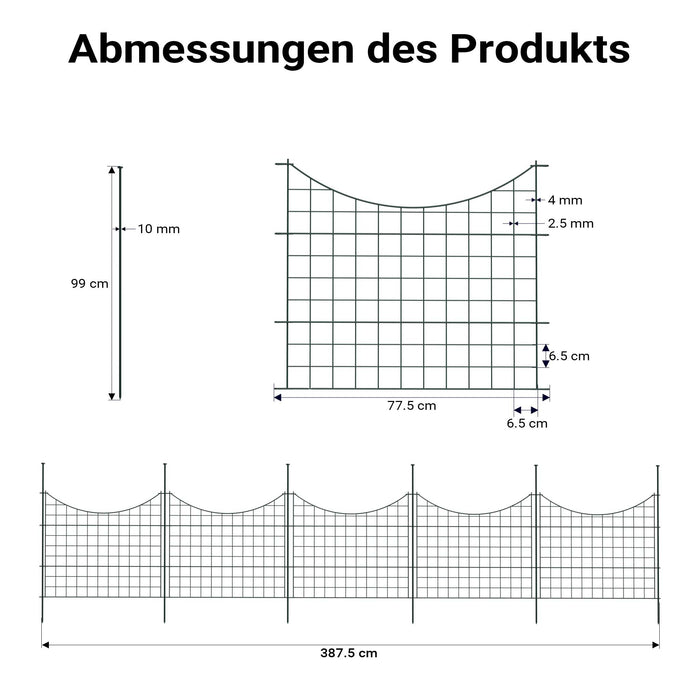 Recinzione giardino, set con 5 elementi verdi con bordo curvo, recinzione in rete metallica 770 x 8 x 640 mm, recinto a innesto di facile montaggio