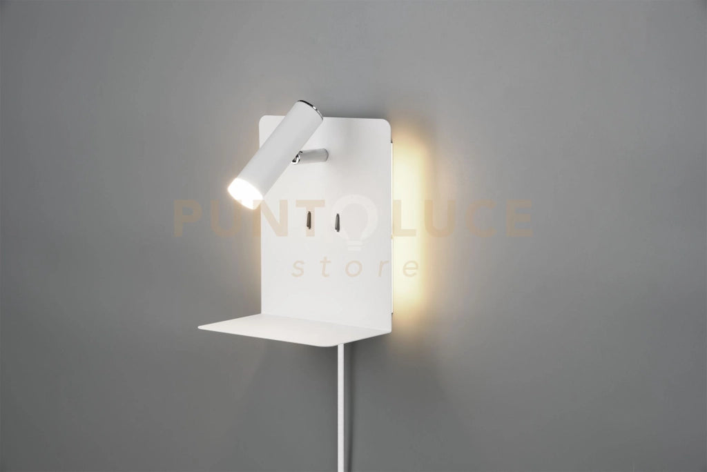ELEMENT APPLIQUE LED 3W 220lm, 3000K- 1,5W  150lm, 3000K METALLO BIANCO RETRO ILLUMINATA CON SPOT CON MENSOLA E PORTA USB RICARICA SMARTPHONE H.20CM
