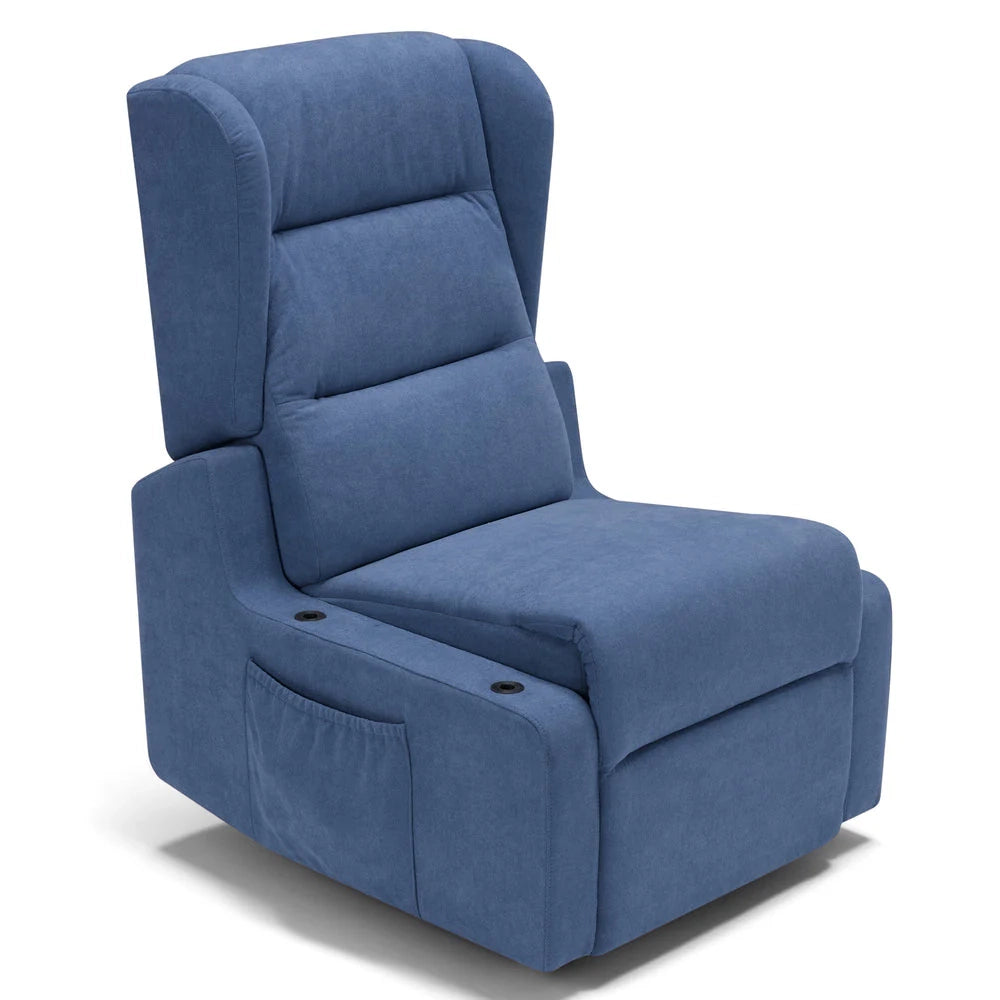 Poltrona relax elettrica Bilbao per anziani, 2 motori, 2 ruote, reclinazione e alzapersona, braccioli estrabili, doppia pediera, colore Blu