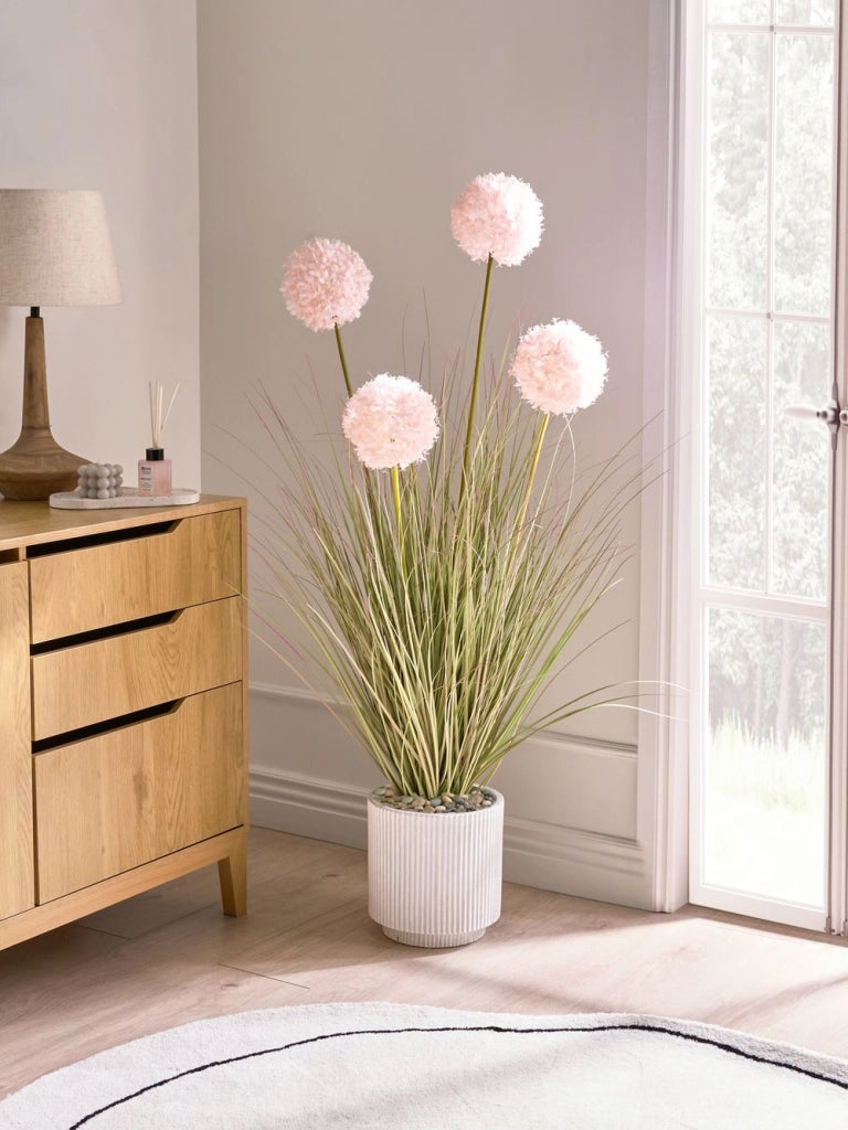 Pianta artificiale in vaso Erba verde Fiore di canna rosa Rosa di Guelder e vaso di plastica nero 120 cm Accessorio decorativo per la casa