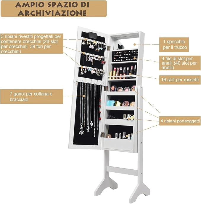 Portagioie Armadietto Specchiera con 18 Luci LED, Specchio a Figura Intera, Organizer per Gioielli Moderno Elegante, 145x35x31,5cm (Bianco)