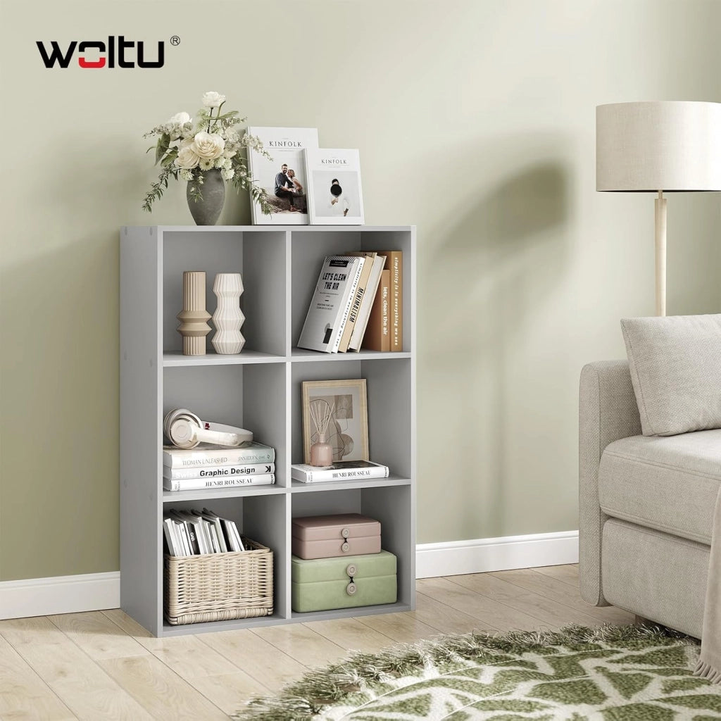 Libreria con 6 Cubi, Scaffale per Libri, Libreria Verticale per Camera da Letto, Soggiorno, Studio, Ufficio, Legno Ingegnerizzato, Grigio, 59.6x29x89cm