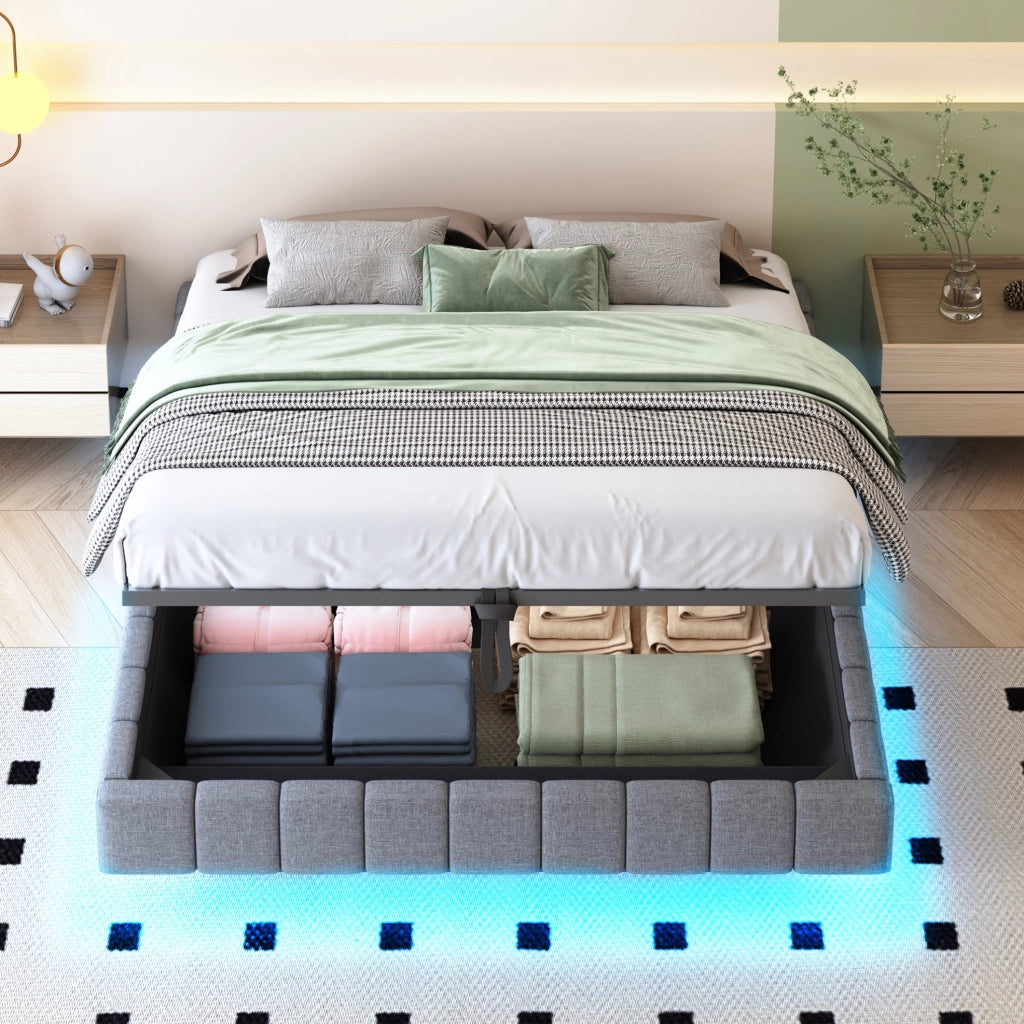 LETTO imbottito 160x200 cm grigio con LED, contenitore e senza testiera