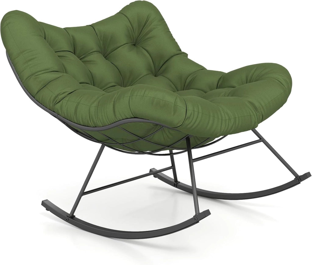 Sedia a Dondolo, Poltrona Relax Ergonomica, Poltrona Sovradimensionato con Cuscino Imbottito, con Struttura Metallica, per Soggiorno Portico Giardino, Portata 205 kg (Verde)
