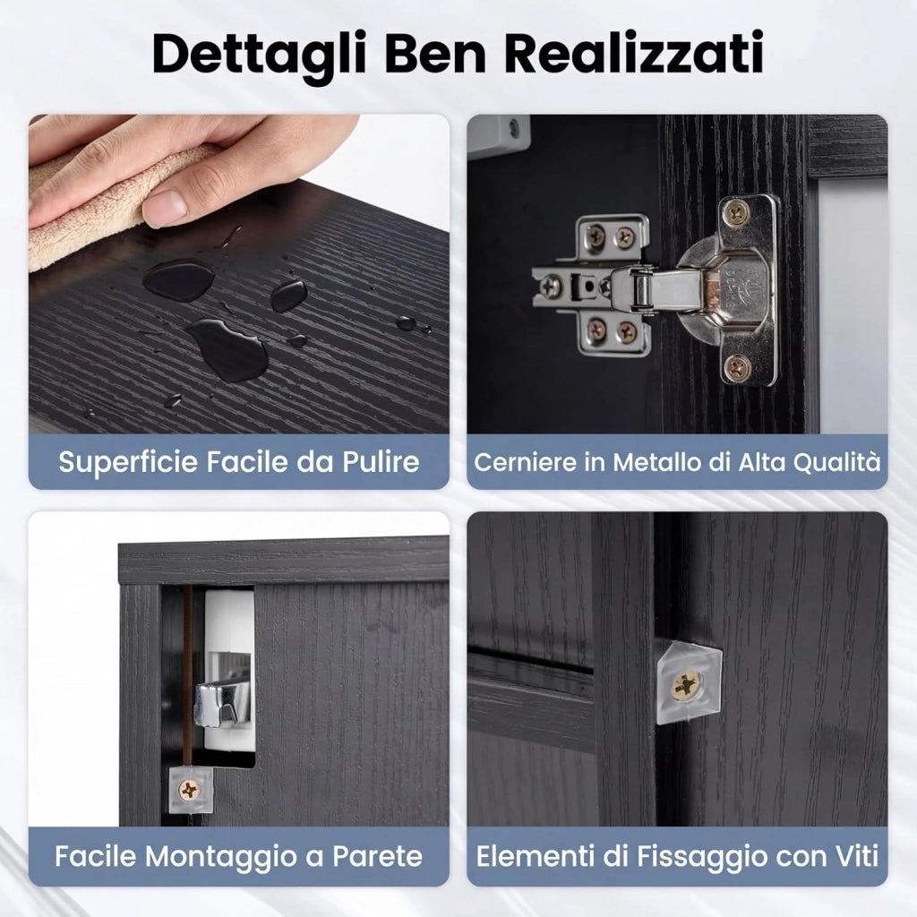 Mobile Bagno con Specchio, Specchio Bagno Contenitore con Porta Singola e 3 Ripiani Aperti, Mobiletto Salvaspazio in Legno per Lavanderia e Ingresso, 56 x 16 x 61 cm (Nero)