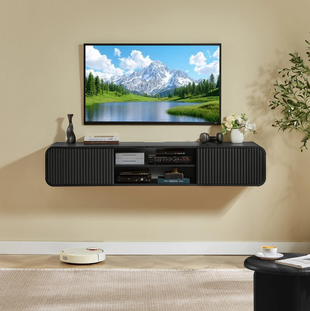 Mobile TV da parete 160 cm con ripiani aperti, mobile sospeso nero per soggiorno e camera