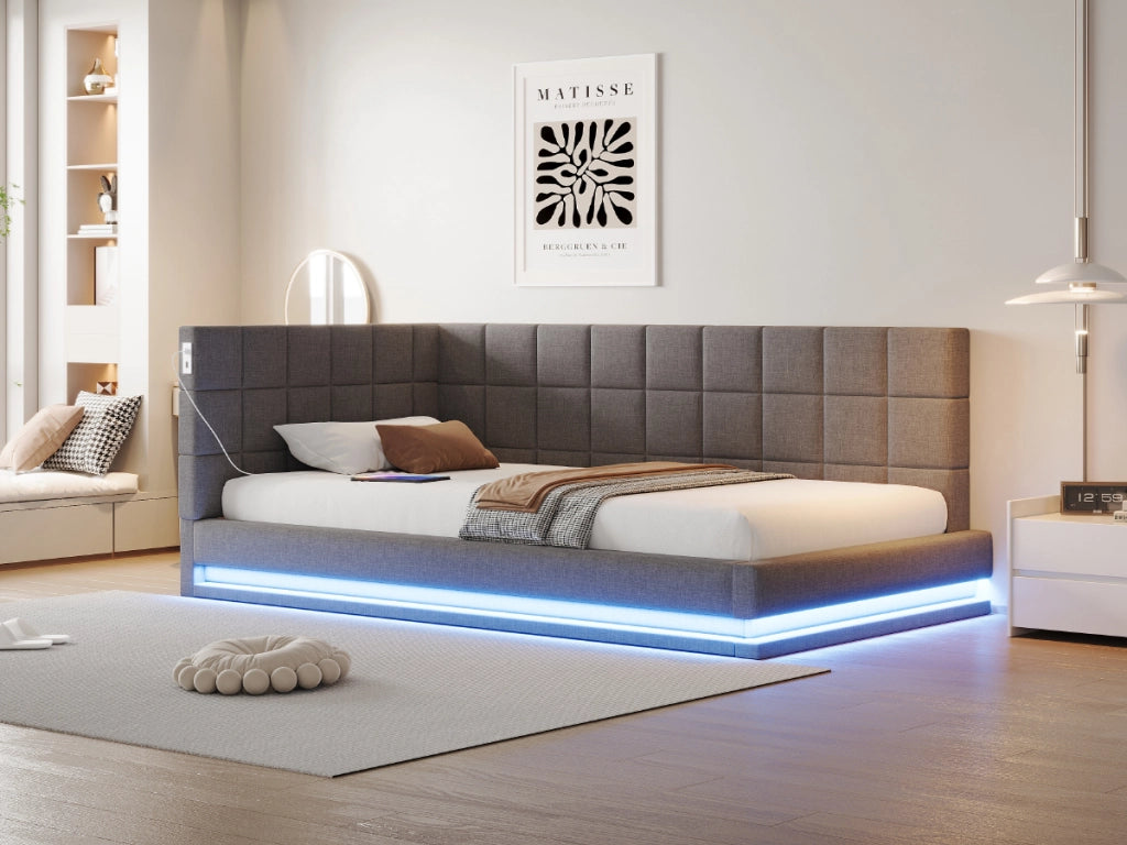 DESMIU Divano letto 90 × 200 cm 1 posto con LED, USB e rete, senza materasso, in lino, grigio