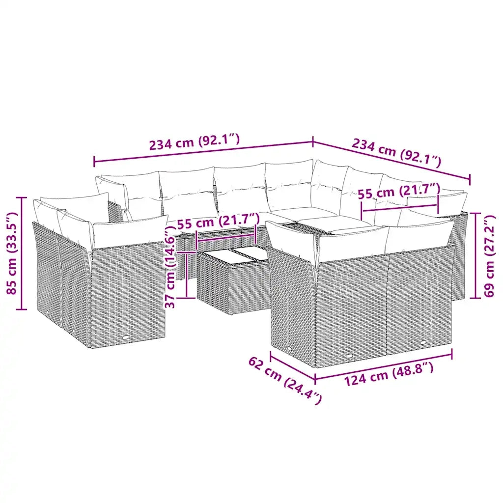 Set Divano Giardino 12 pz con Cuscini Grigio Chiaro Polyrattan