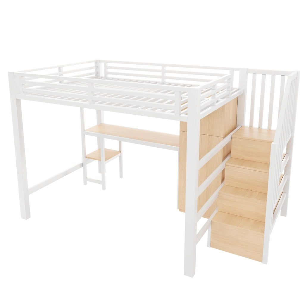 Letto a soppalco 140 × 200 cm con scrivania, armadio, scala contenitore e LED, senza materasso, in metallo, bianco