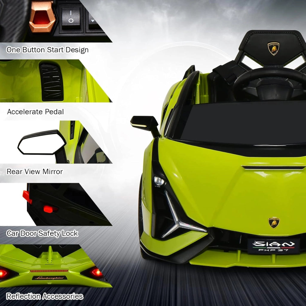 Macchina Elettrica per Bambini Lamborghini SIAN 12V con Telecomando, Auto Elettrico a Pedale e Luci LED, Veicoli con Musica, MP3, Clacson e Radio, Carico 25 kg, 3-8 Anni (Verde)
