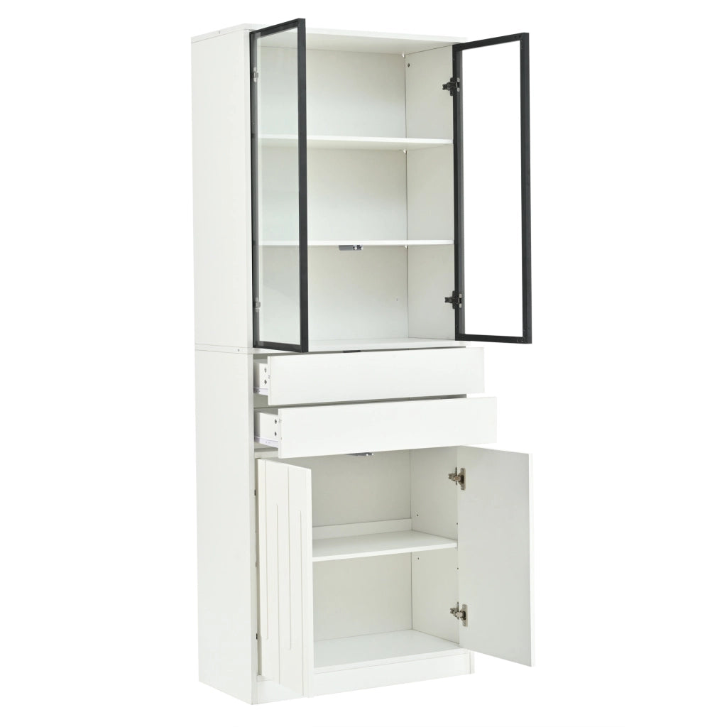 Vetrina alta ULEVR 70x34x180 cm con 4 ante, 2 cassetti, LED Bluetooth e ripiano regolabile, bianca