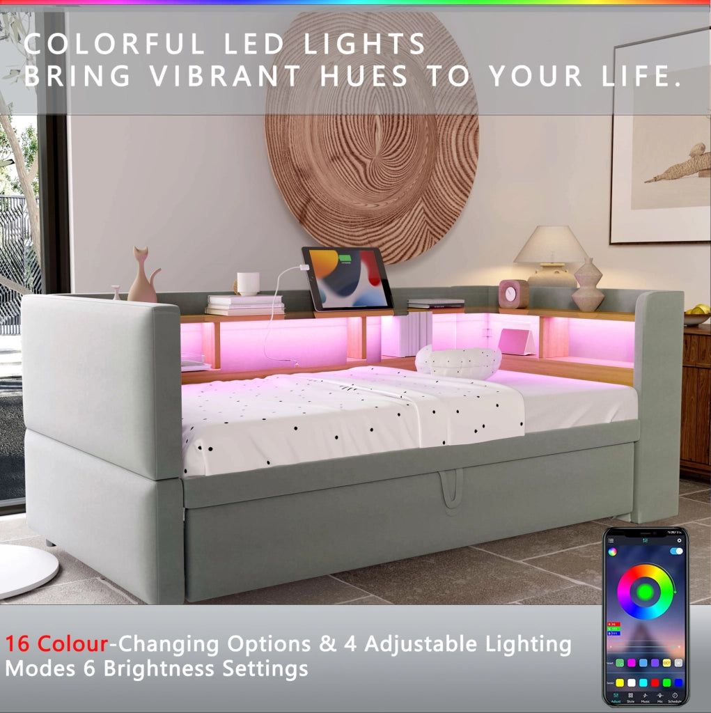 Divano Letto Imbottito Estraibile 90/180x190 cm con LED, Prese Elettriche e Numerosi Ripiani, Grigio Chiaro