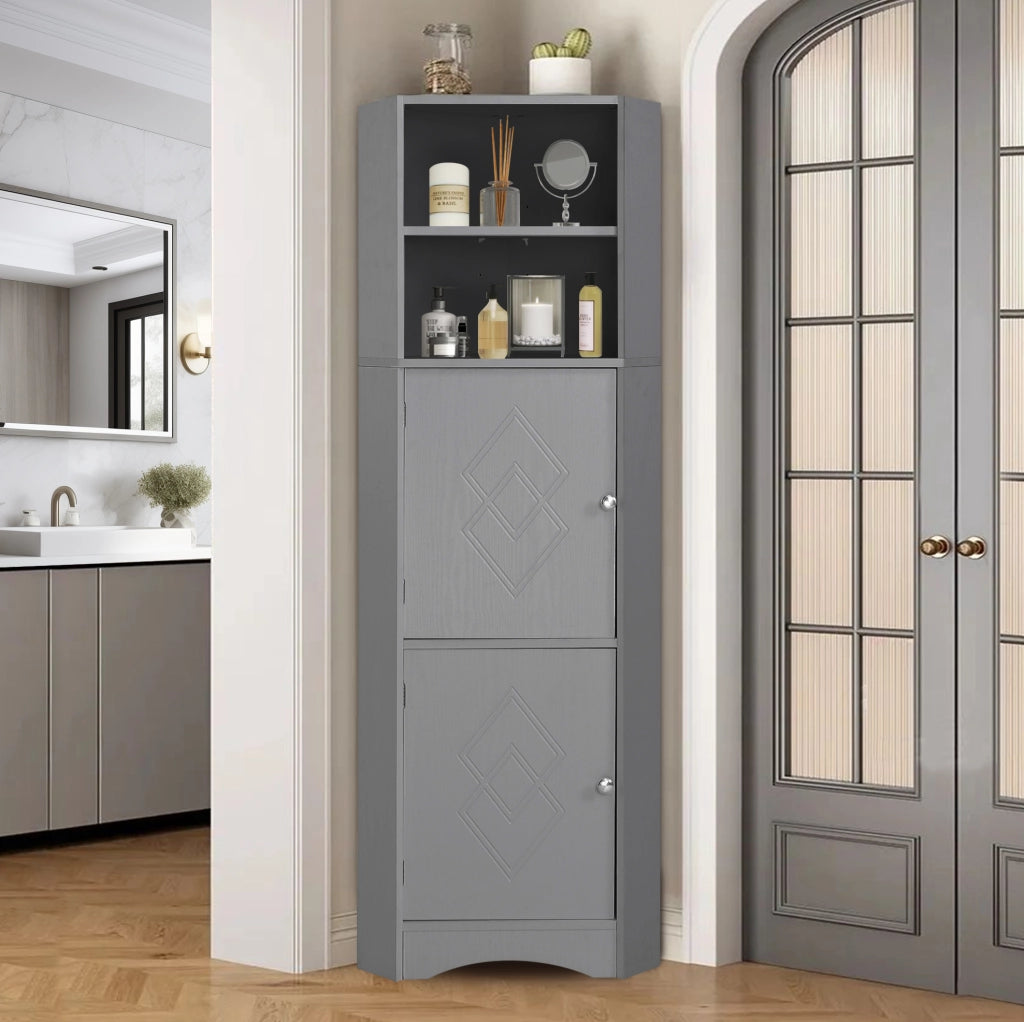 Mobile da bagno angolare in truciolare grigio con vani aperti e ante decorate
