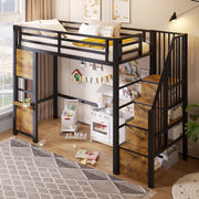 Letto a soppalco 90x200 cm con scala contenitore e spazio gioco in metallo e MDF nero