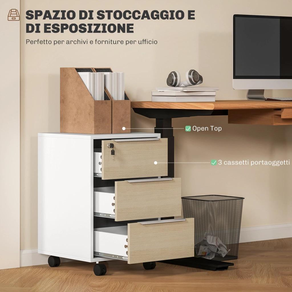 Schedario Cassettiera da Ufficio con 3 Cassetti 4 Ruote con Serratura e 2 Chiavi Bianco e Rovere