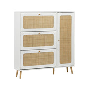 Scarpiera con decoro in legno e canna, 3 ante, bianco sporco