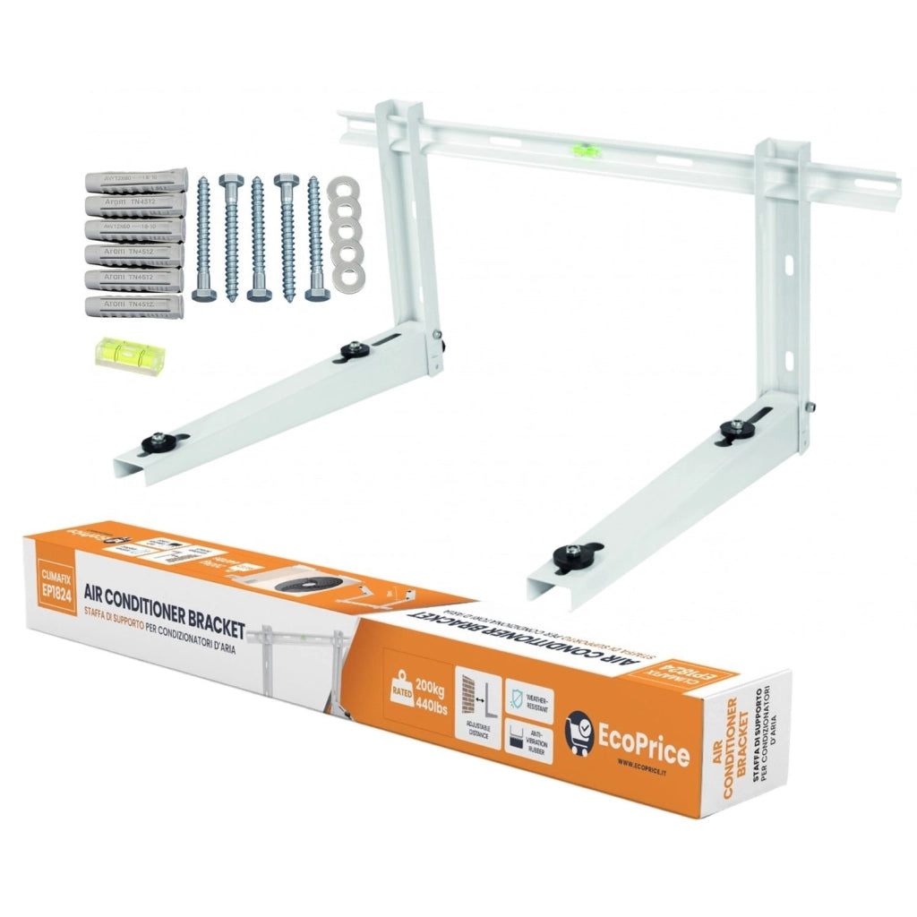 Staffa Climatizzatore in Acciaio Inossidabile Verniciata Bianca, Resistente alle Intemperie, Supporto Condizionatore 200kg, 18000-24000BTU, Piedini Antivibrazione, Livella e Kit Montaggio