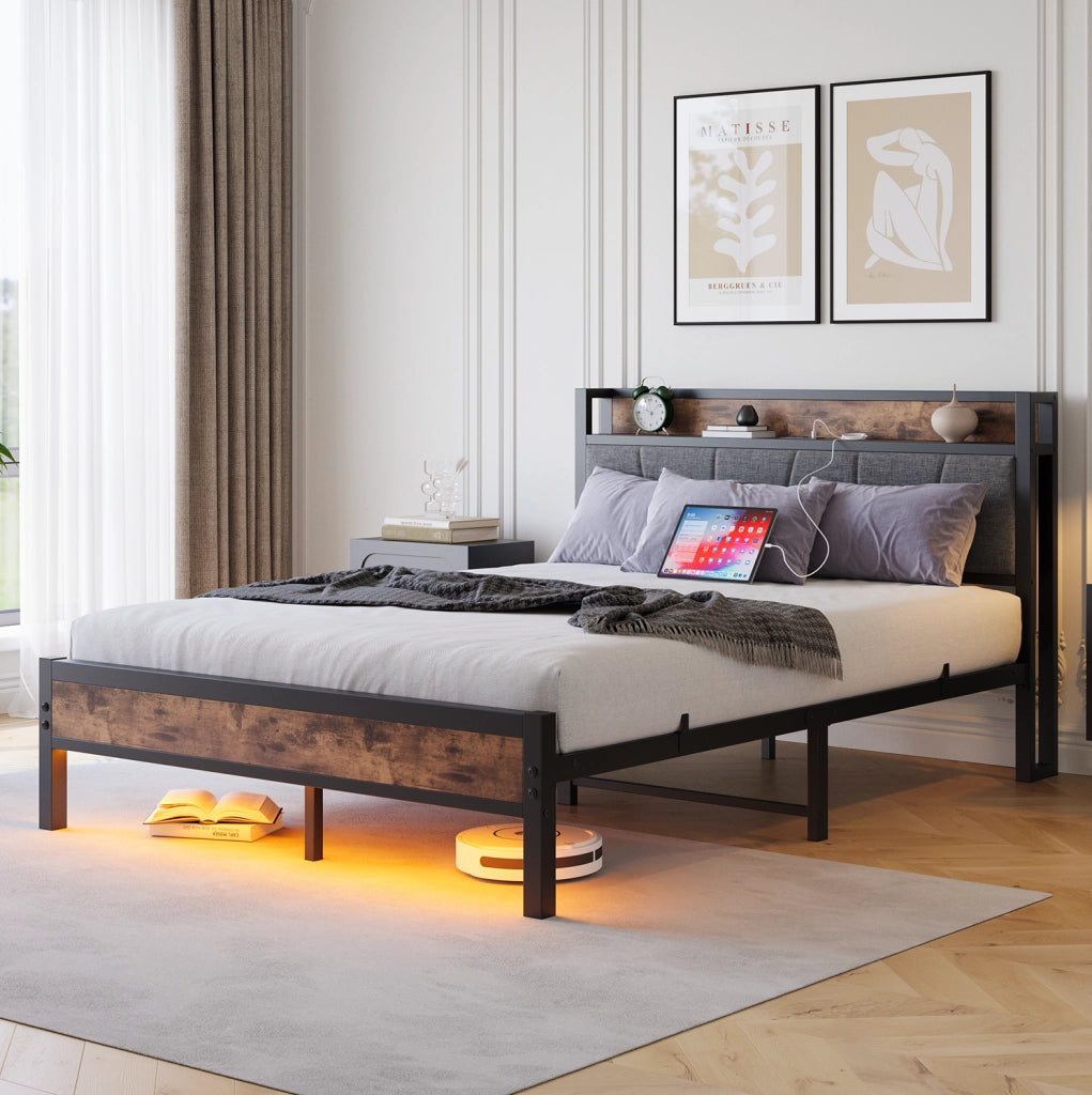 Letto 140x200 cm con LED, testiera contenitore e porte USB
