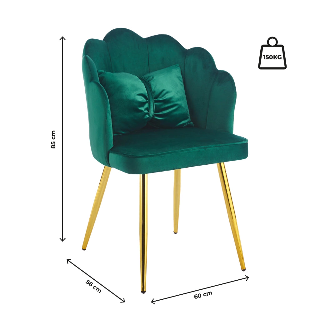 Poltroncina Elegante in Velluto con Schienale a Conchiglia, Cuscino e Gambe in Acciaio, Sedia Imbottita elegante VerdeSottobosco