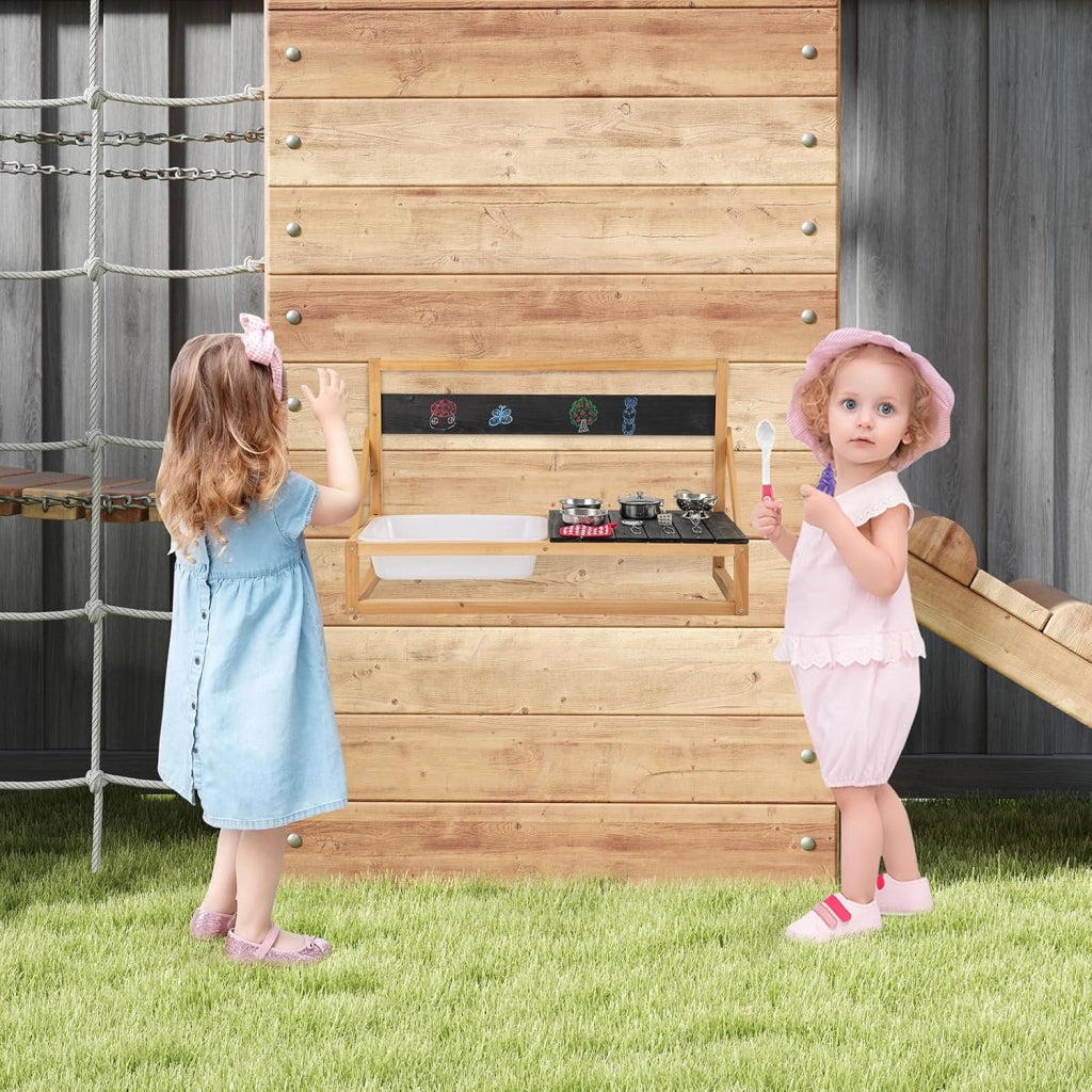 Cucina Giocattolo per Giardino in Legno di Abete, Cucina per Fango da Esterno per Bambini con Ganci, Lavagna e Lavandino, Set Cucina con 9 Accessori, 81 x 36 x 49 cm, per Bambini 3+ Anni