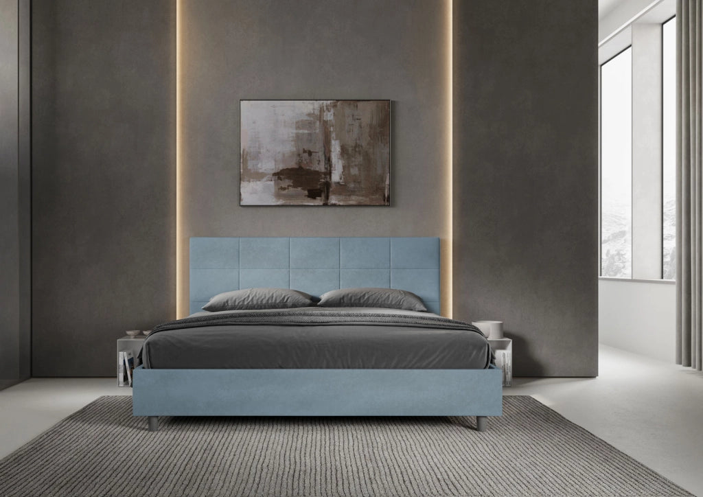 BS COM Letto matrimoniale king size con rete imbottito 190x190 microfibra azzurro