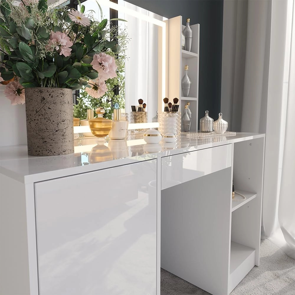 Tavolo da toeletta Sherry, Bianco/bianco lucido, 128.2 cm 4 parti