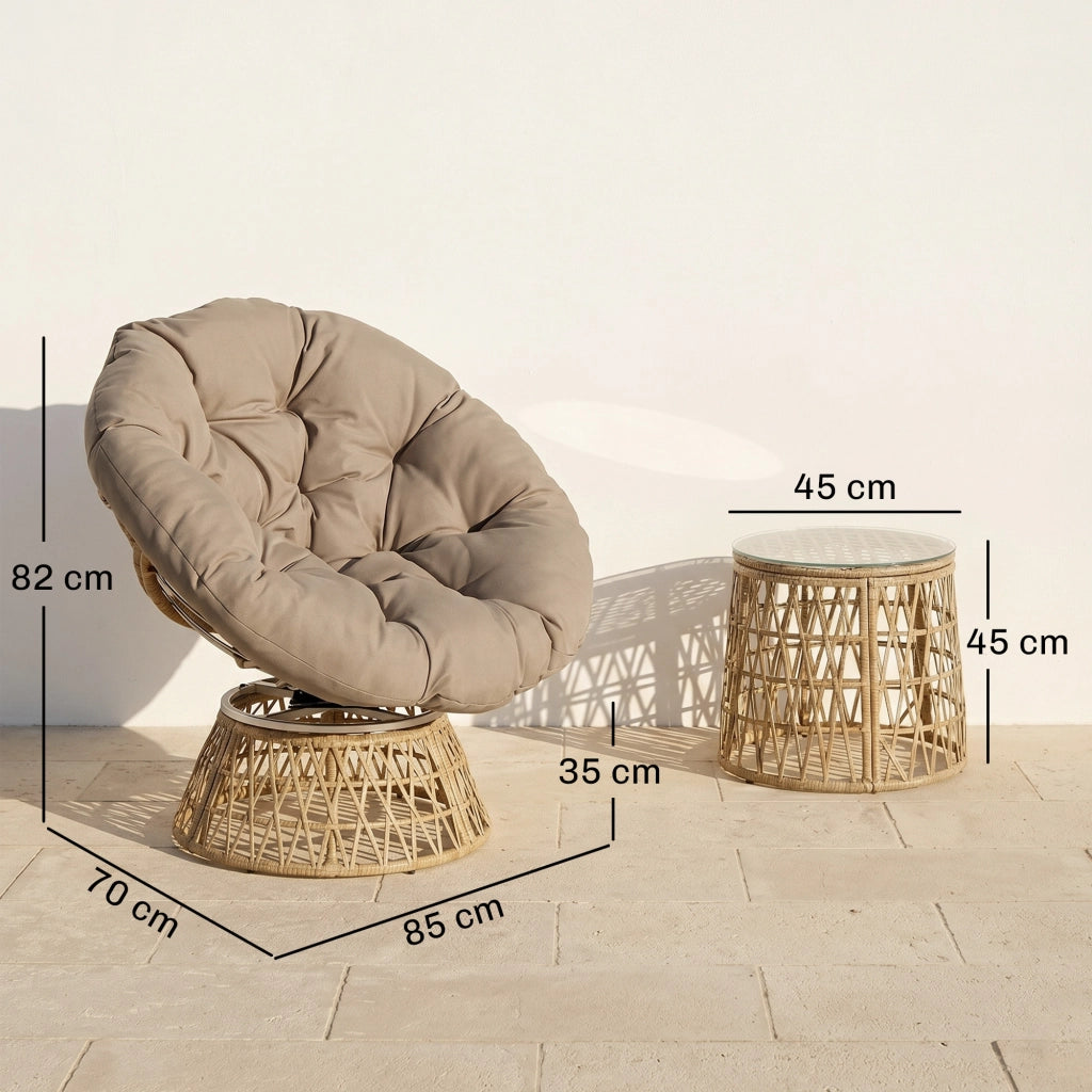 Set da giardino 3 pezzi con 2 poltrone papasan girevoli e 1 tavolino tondo in resina poliestere intrecciata ¨C zephmum ¨C grigio