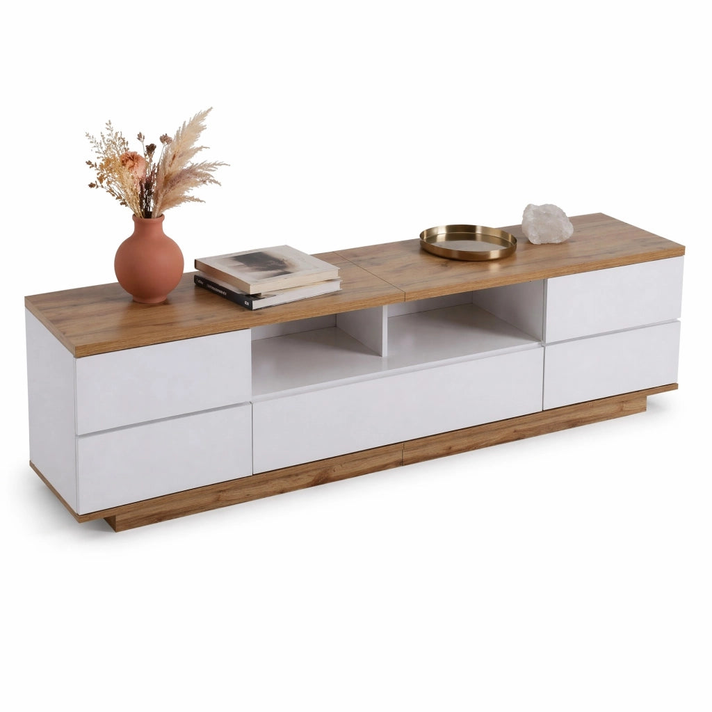 Mobile TV moderno 180 cm in MDF bianco e colore legno; con ante a griglia