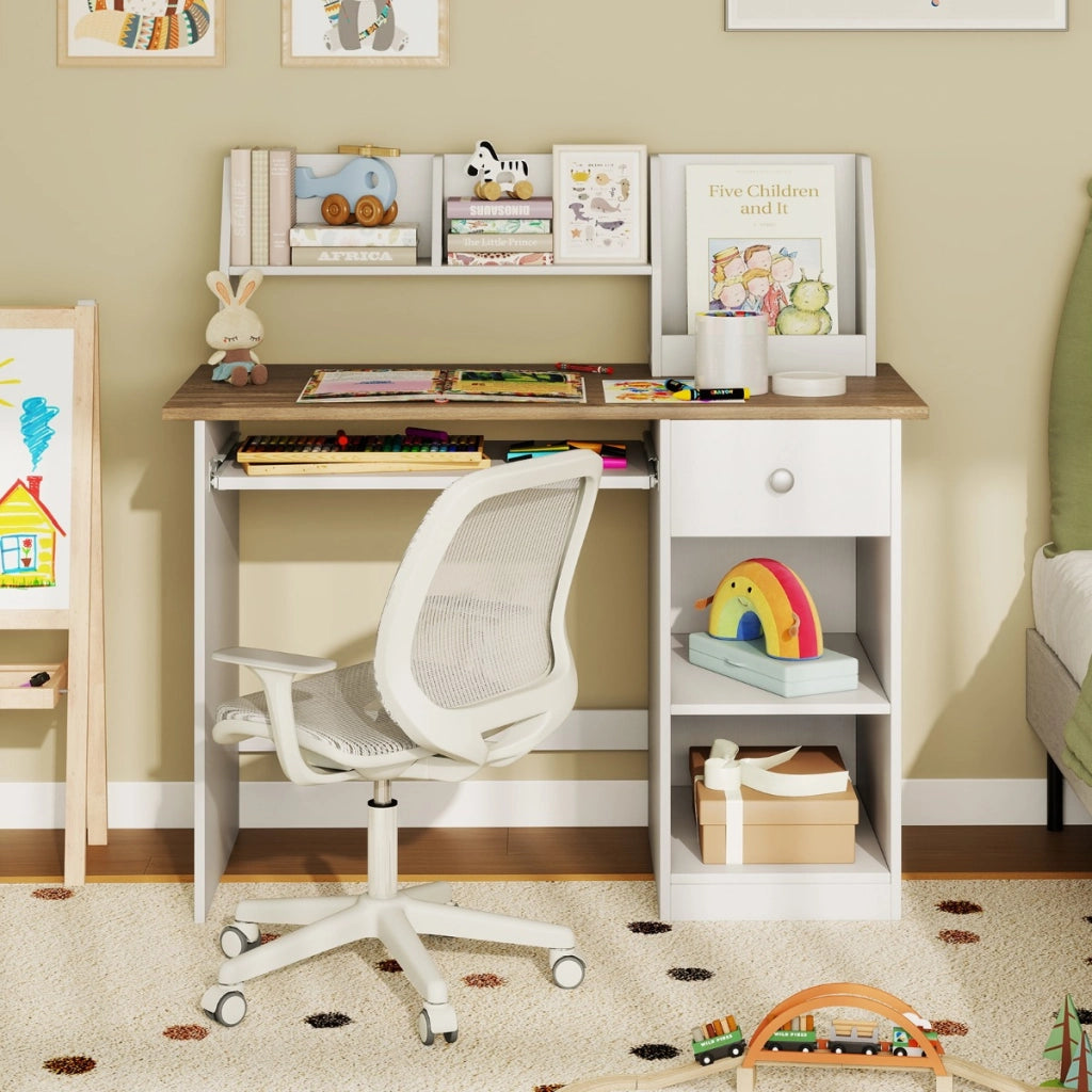 Scrivania per bambini legno con vassoio per tastiera e cassetto-Scrivania per bambini libreria laterale e mensole superiori Legno Naturale