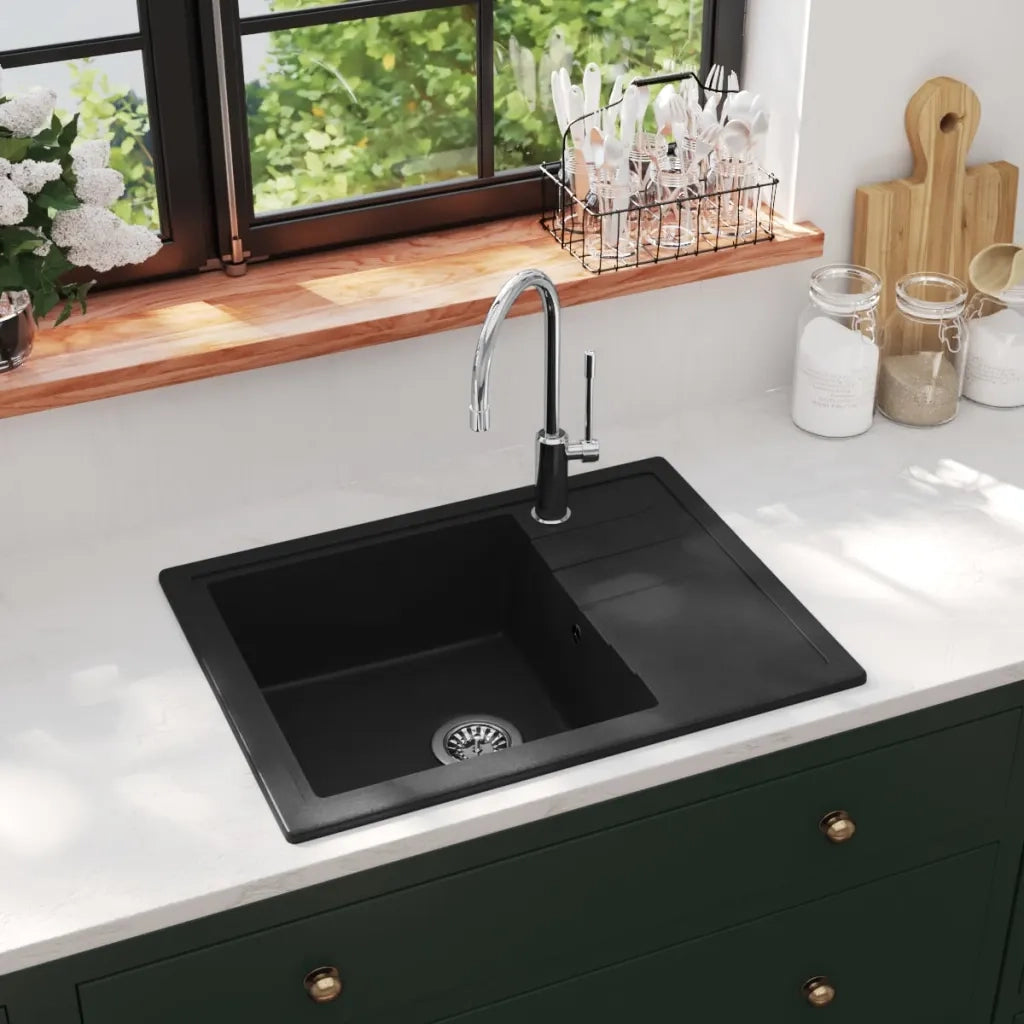 Lavello da Cucina con Foro Troppopieno Ovale Nero in Granito cod mxl 51181
