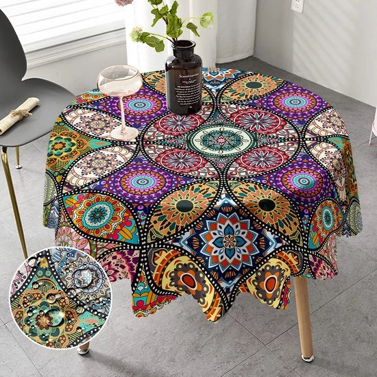 Tappeto da tavolo Rond 150 cm Stile boho Mandala Rond Tappeto da tavolo per Esterno Materiale Polyester Resistente alle Intemperie Tappeto per tavolo da Giardino per Cucina Giardino Tavolo da Giardino Tavolo da Pranzo Divano Tavolo da Festa