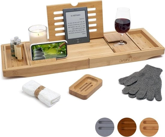 Lavabo estensibile con posizionamento vino, libro e supporti per iPad e smartphone - tavolo da bagno estensibile - legno naturale