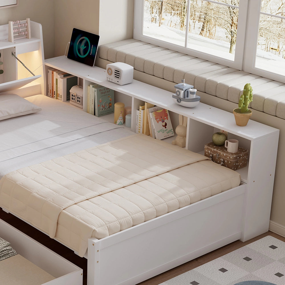 Letto bambino-Xylo-90x200 cm-ripiano, 2 lampade, USB, cassetti, bianco