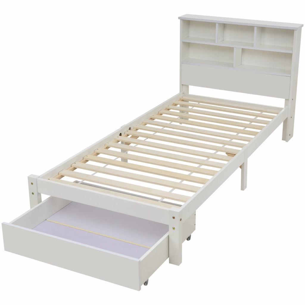 Letto singolo in legno massiccio con 2 cassetti e testiera a libreria, 90x200 cm, bianco