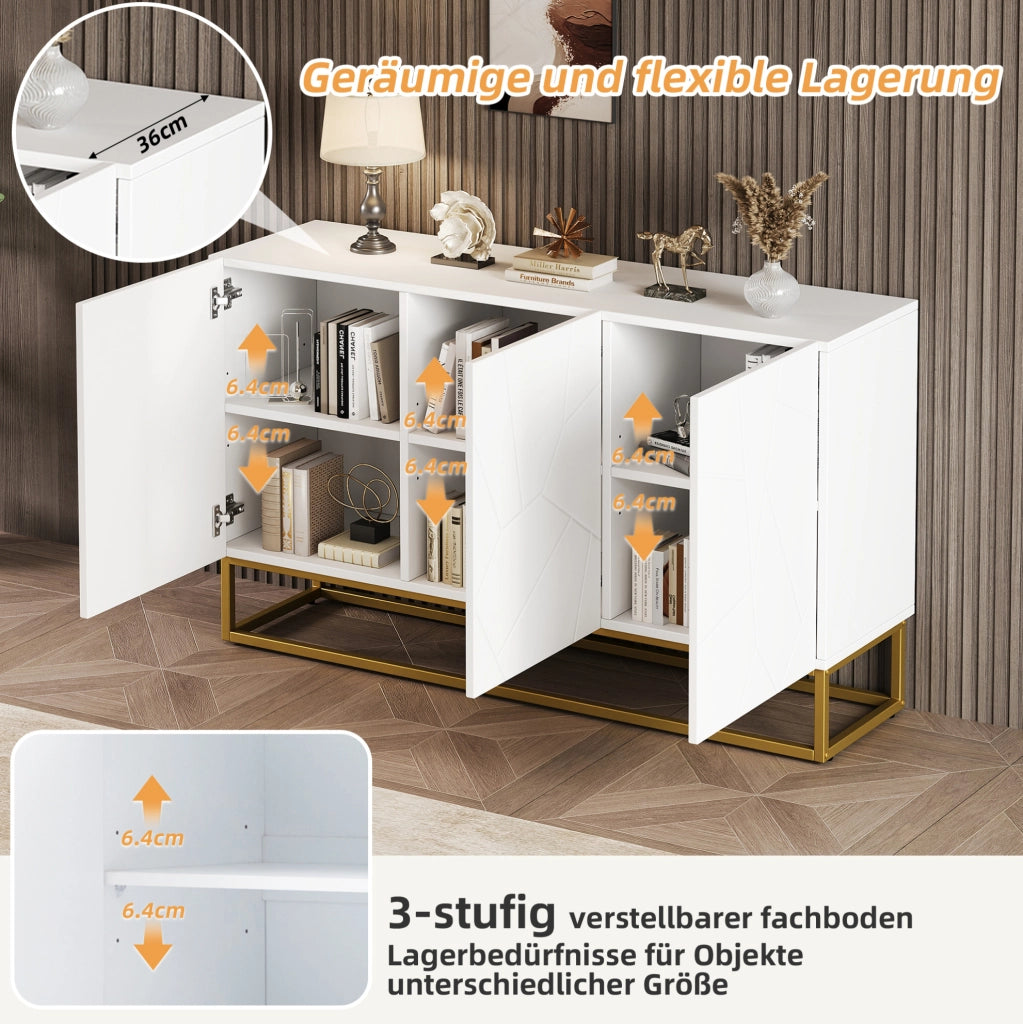 Credenza moderna 130 cm con 3 ante; ante lucide; ripiani regolabili; bianco oro