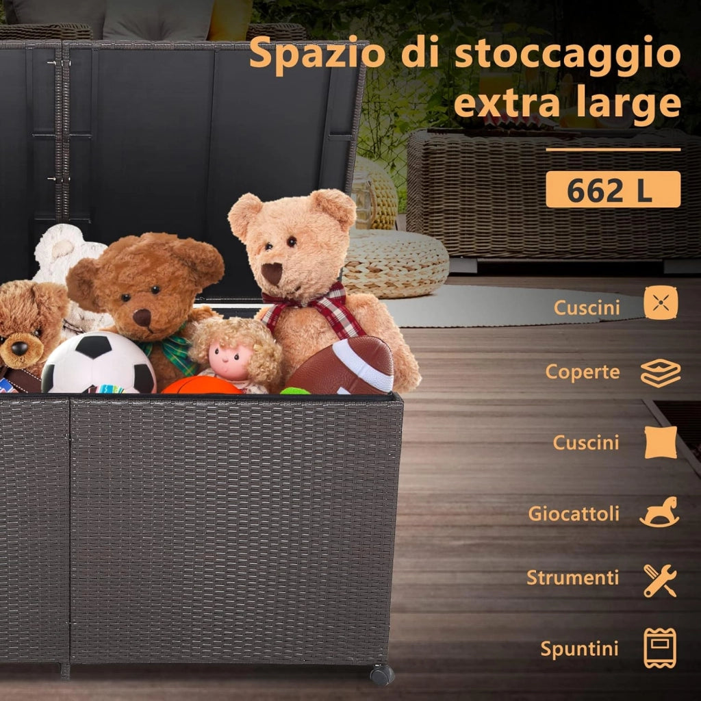 Baule da Giardino 662L, Panca Contenitore in Plastica con Coperchio, Maniglia e 2 Ruote Universali, in Rattan, per Interni e Esterni, 150 x 77 x 73 cm (Modello 3)