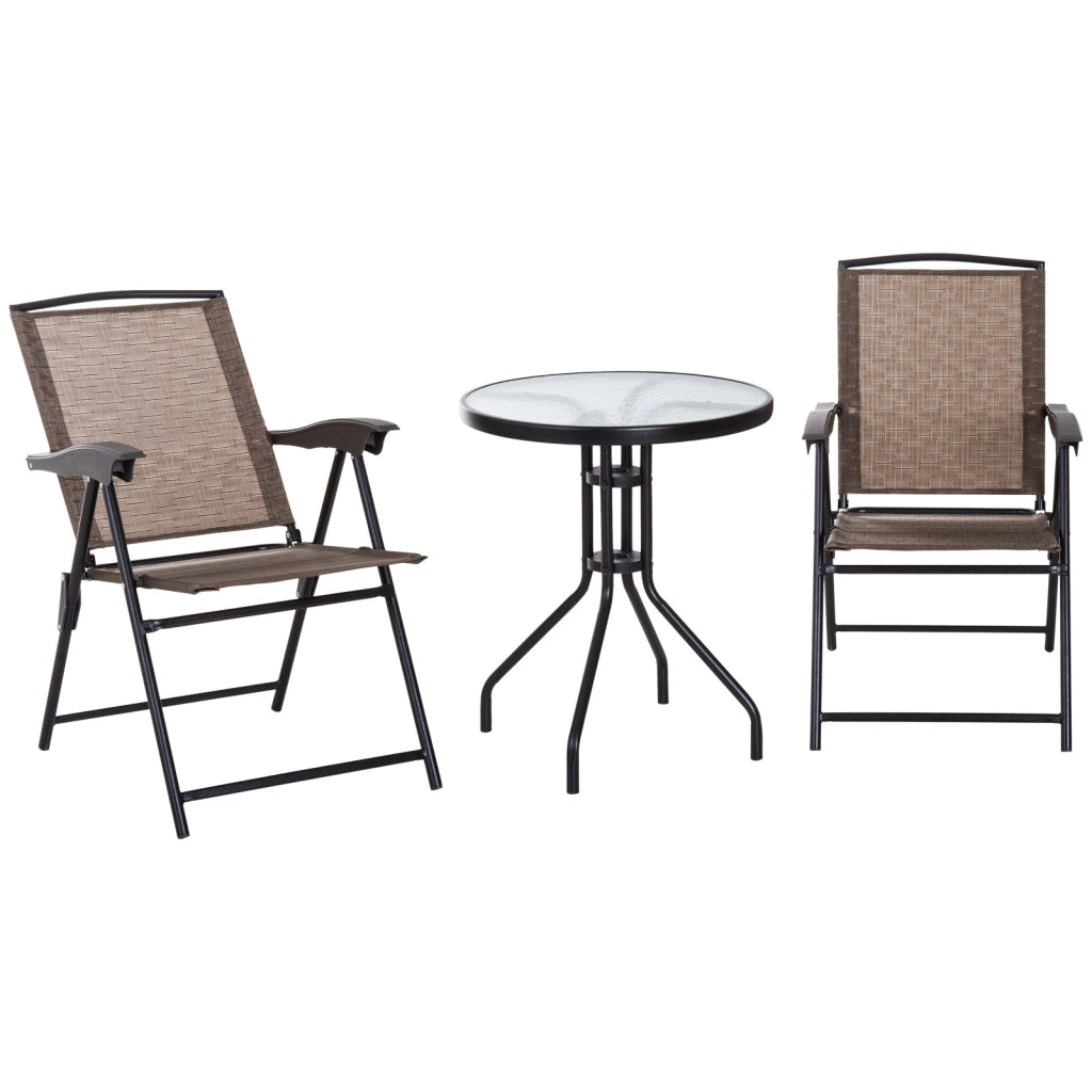 Set Tavolino e 2 Sedie Pieghevoli da Giardino in Vetro Marrone
