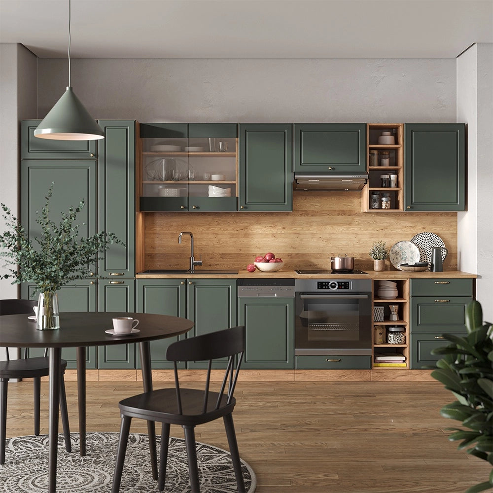Cucina componibile Fame-Line Verde-oro rustico/Rovere dorato 355 cm senza piano di lavoro Vicco