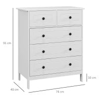 Cassettiera con 5 Cassetti in Legno Salvaspazio e Antiribaltamento, 74x40x91cm, Bianco
