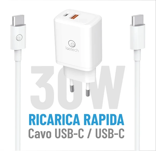 Caricatore Rapido 30W 2 Prese e Cavo USB con USB C