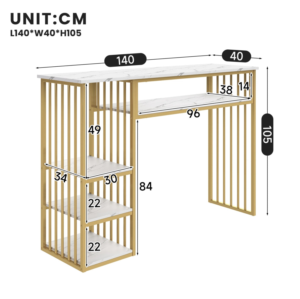 Bartisch con ripiani 140 x 40 x 105 cm in MDF e metallo; bianco e oro; effetto marmo