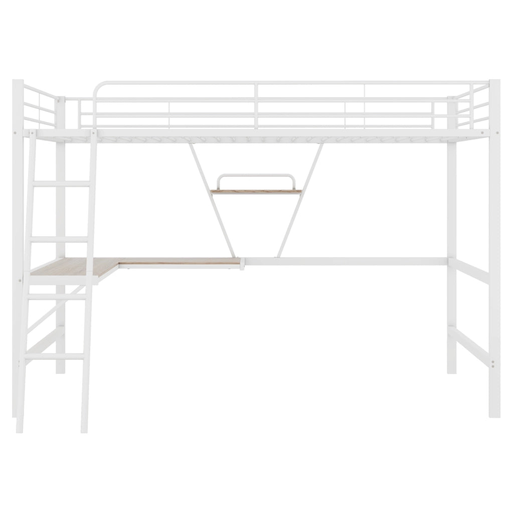 Letto a soppalco 90x200 cm con scrivania a L e ripiano in metallo e MDF; bianco