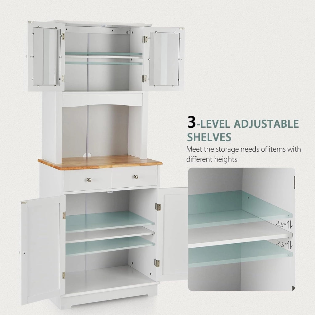 Credenza Alta da Cucina 170 cm con Ante e 2 Cassetti, Mobile Portaoggetti con Dispositivo Antiribaltamento e Ripiani Regolabili, Armadio a Buffet per Sala da Pranzo, Soggiorno (Bianco)