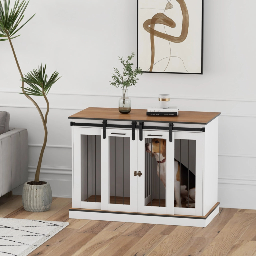 Gabbia per cani con divisorio rimovibile e doppie porte con griglie ventilazione in legno bianco 120 × 60 × 88,5 cm