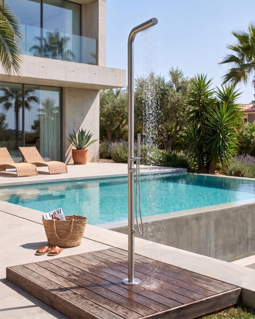 Set Doccia da Esterno con Miscelatore Argento in Acciaio Inox con Funzione Pioggia Giardino Moderno
