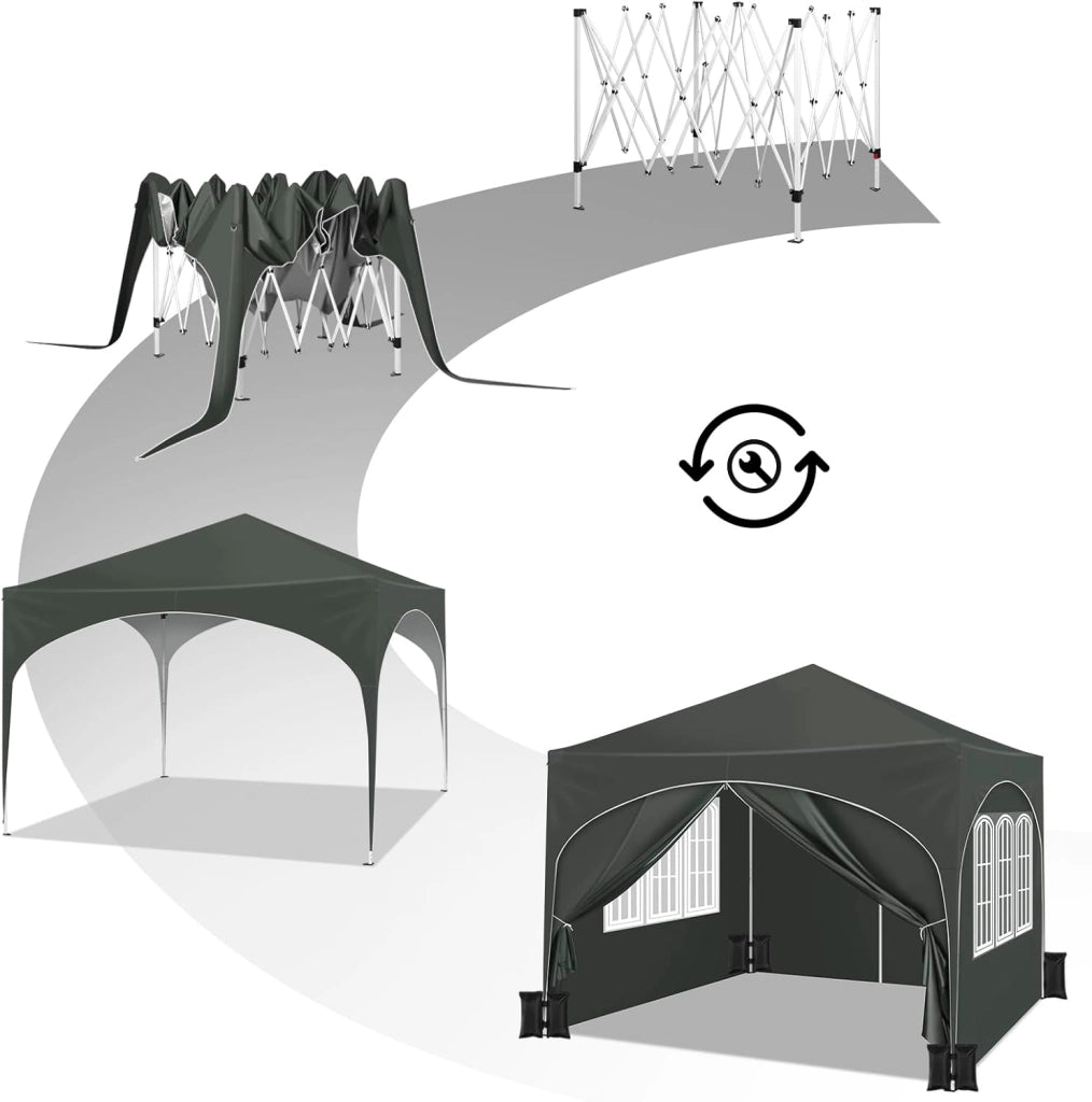Gazebo da Giardino Richiudibile 3x3m con Pannelli Laterali,Gazebo da Esterno in Ferro Regolabile in Altezza Tendone con Soffitto Semicircolare Pieghevole,Set di 4 Sacchi di Sabbia,Grigio