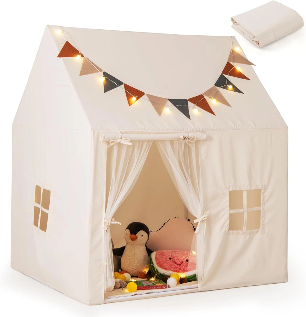 Tenda per Bambini con Luci Fatate e Bandierine, Tenda Casetta da Gioco con Porta e 2 Finestre, Tenda Gioco con Tappetino Imbottito, per Interno ed Esterno, 123 x 107 x 137 cm, Beige