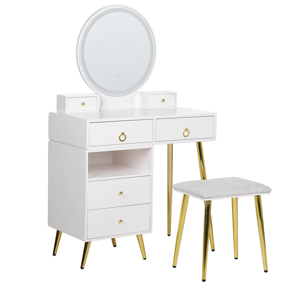 Toeletta con 6 cassetti specchio LED bianco e oro e sgabello camera da letto elegante