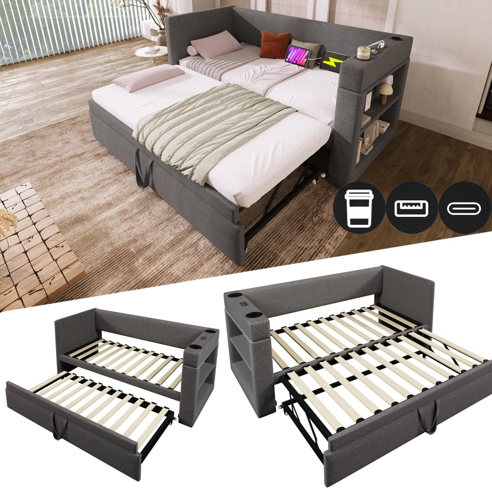Divano letto con letto estraibile 90x190 cm; 3 USB; Type-C; grigio